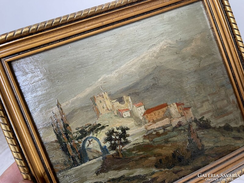 Andor Károly: view of the castle, an oil-and-wood painting