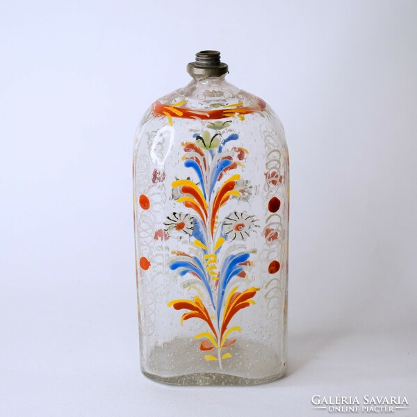 Colorless glass, enamel painted decoration, tin screw head without cap