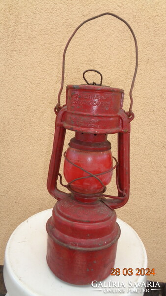 Kerosene lamp, storm lamp, made in Germany, feuerhand with red Jena glass