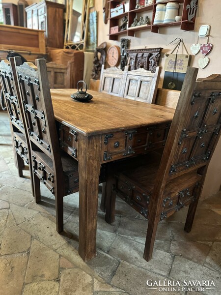 Medieval style Indian rosewood table with decorative hardware, 6 chairs, very rare piece of furniture