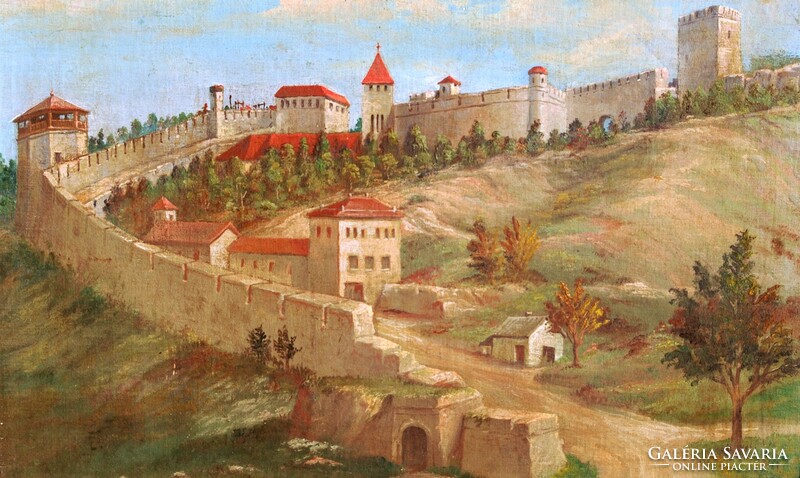 Contemporary artist: medieval castle - oil on canvas painting, framed