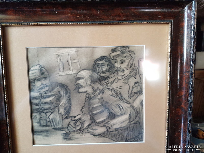 Benyovszky signed, dated charcoal, paper, soldiers, in a nice old frame.