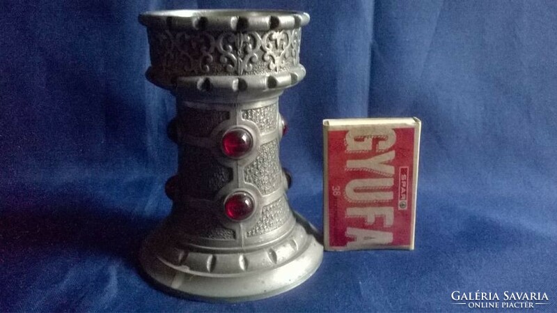 Decorative, marked pewter candle holder