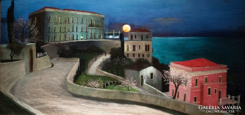 Csontváry full moon over Taormina, 1901, reprint print of painting, pink villa, beach