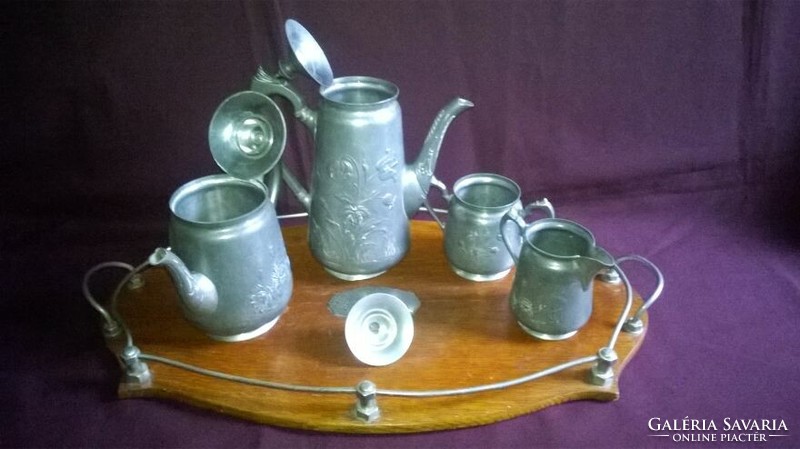 Antique German metal tea or coffee set with wooden tray