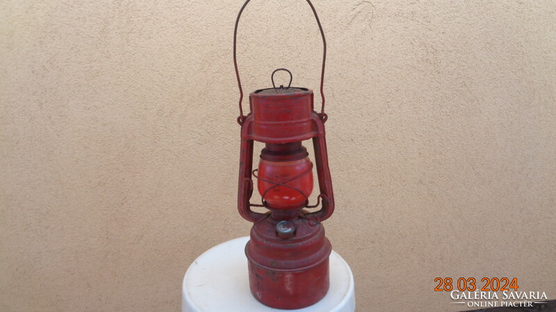 Kerosene lamp, storm lamp, made in Germany, feuerhand with red Jena glass