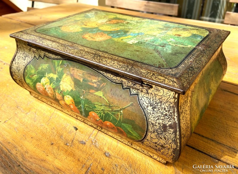 Arched metal box with old fruit pattern, vintage decoration, antique