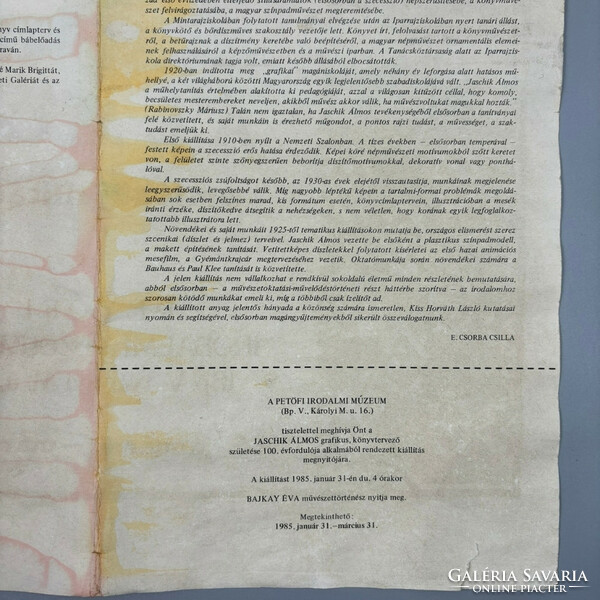 Poster of Jaschik's sleepy memorial exhibition 1985 - Petőfi Literary Museum