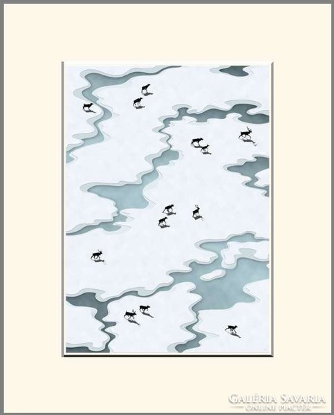 Moira risen: winter is approaching - reindeer pattern. Contemporary, signed fine art print, snowy field landscape