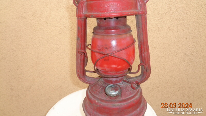 Kerosene lamp, storm lamp, made in Germany, feuerhand with red Jena glass