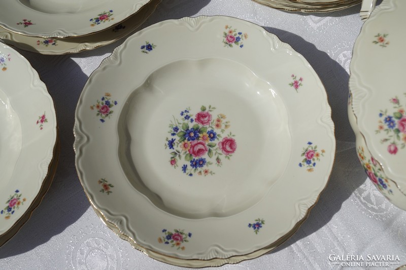 Antik német Schönwald porcelán rózsás virágos 6 személyes étkészlet