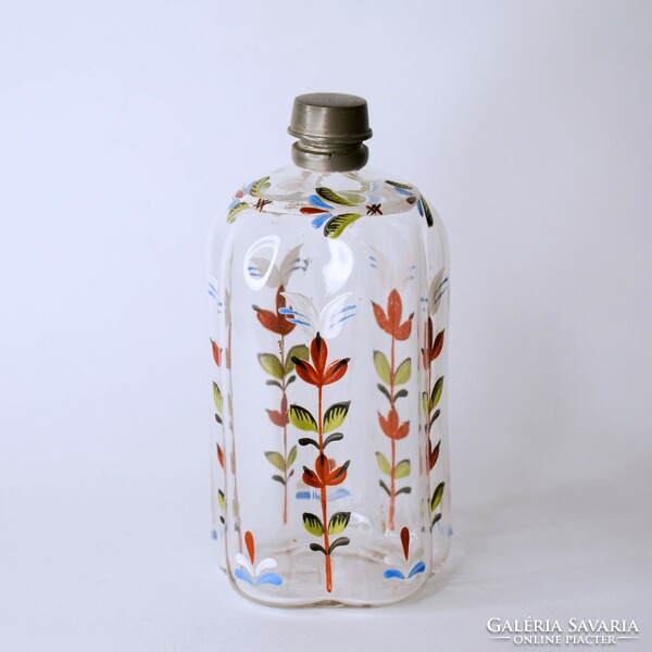 Colorless mason jar, with enamel painted decoration, tin screw cap