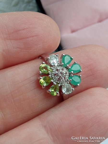 Emerald - peridot - topaz 925 silver ring 57