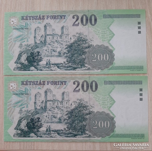 2 db sorszámkövető 200 forint bankjegy FB  2005  UNC