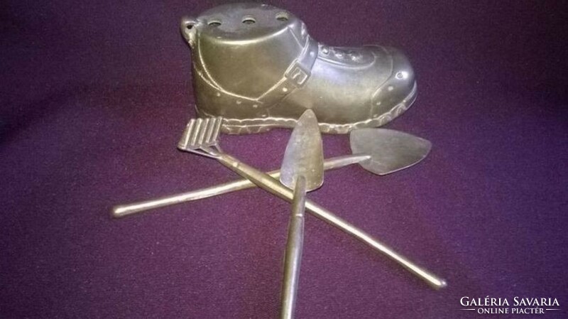 Copper boots with garden tools - shelf decoration