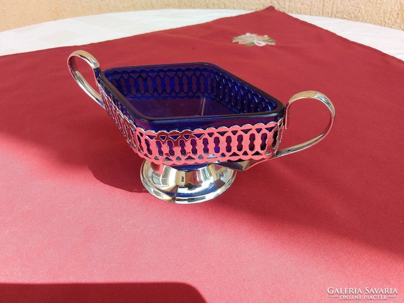 Pierced, silver-plated metal tray, candy holder, with original blue glass insert,, English, flawless,,,