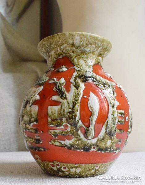 Vase glazed ceramic applied art 70's 16 x 14 cm