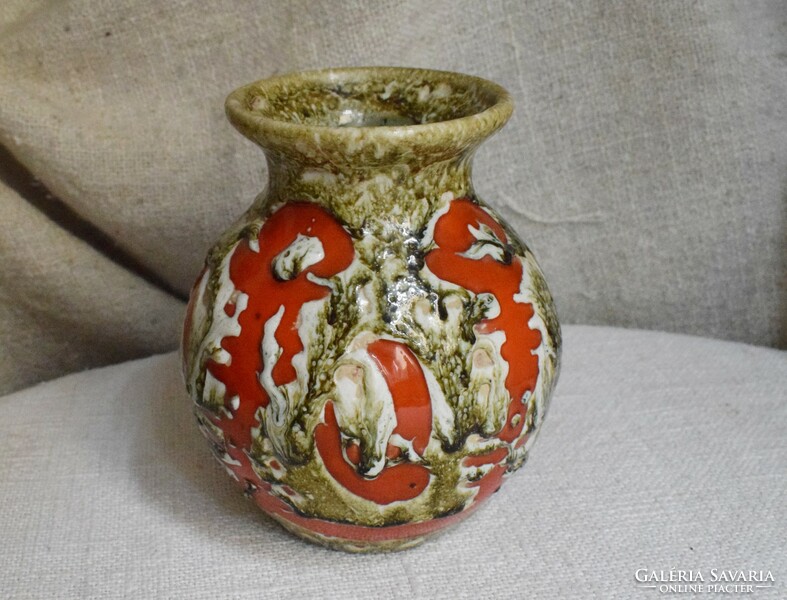 Vase glazed ceramic applied art 70's 16 x 14 cm