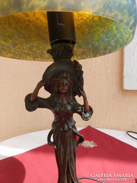 Antique table lamp in the shape of a woman, with original French art deco glass shade, marked,,art de france,,