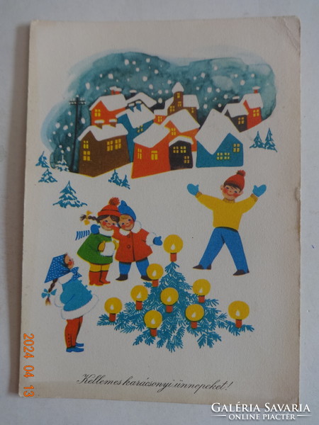 Régi grafikus karácsonyi üdvözlő képeslap - Lazetzky Stella rajz