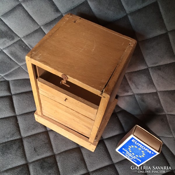 Very cute, tiny, mini old, small-scale, wooden furniture model, stationery box with shutters
