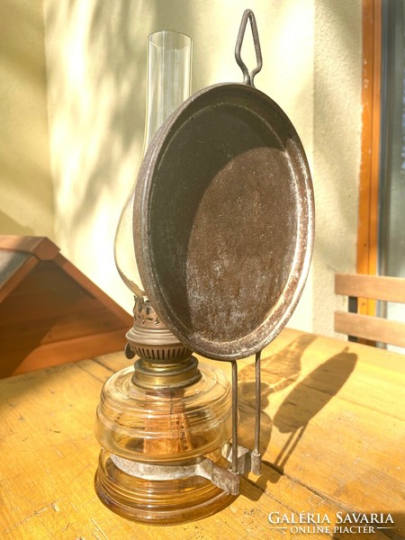Régi vintage nagyméretű tükrös üveg petróleum lámpa fali asztali, antik lámpa