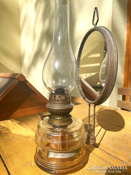 Régi vintage nagyméretű tükrös üveg petróleum lámpa fali asztali, antik lámpa