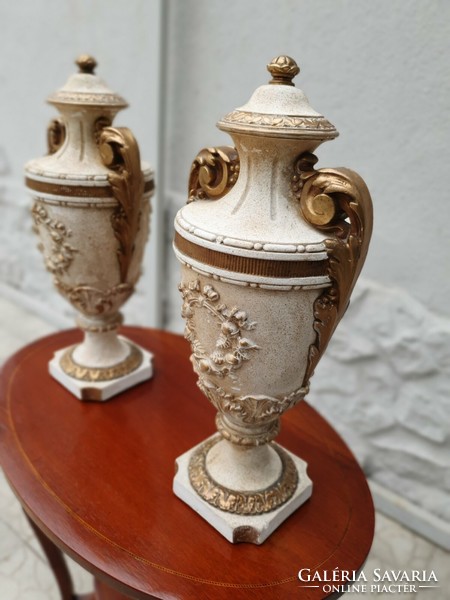 Pair of signed French plaster urn vases