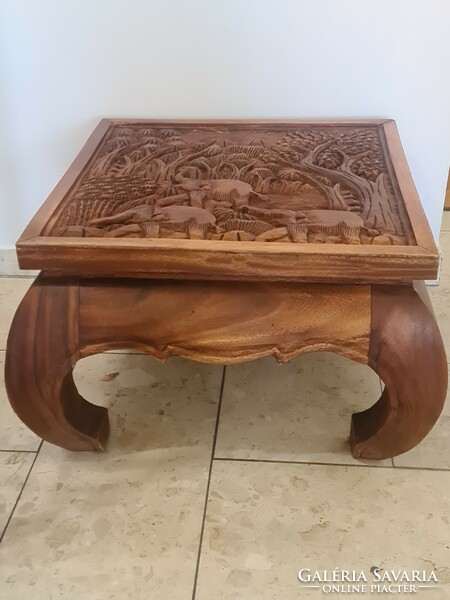 Acacia opium table with elephant carving | tropical hardwood furniture