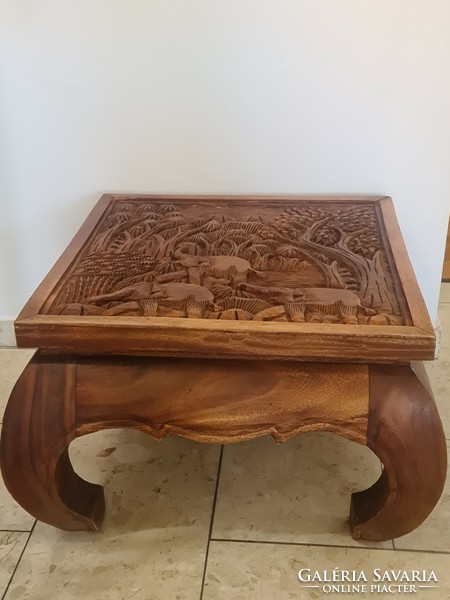Acacia opium table with elephant carving | tropical hardwood furniture