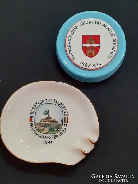 Hungarian-Slovak friendly sports meeting porcelain plaque and ashtray 1981 and 1983