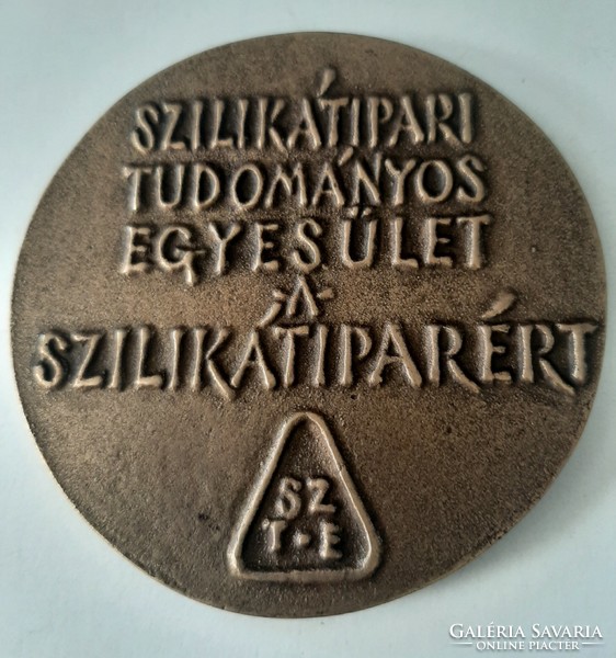 Szilikátipari Tudományos Egyesület bronz emlék plakett dobozában , kétoldalas 7,5 cm