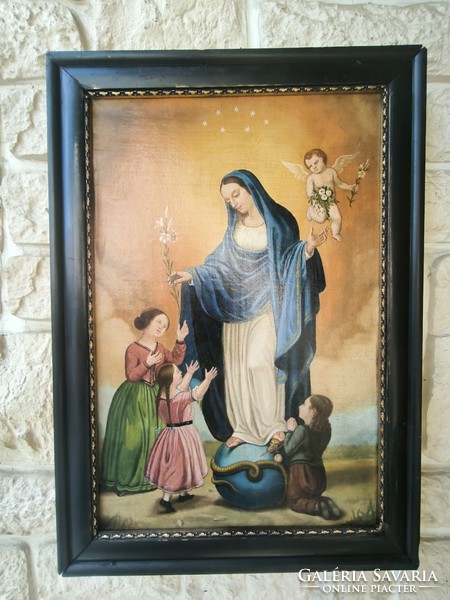 Beautiful antique, painting of a holy image, xlx. Centuries in cleaned condition. Madonna with angels, Virgin Mary