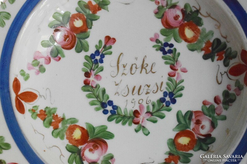Antique porcelain decorative plate wedding bride's decorative bowl, blonde Zsuzsi 1906. , V.A. Sz.Zs. 1910