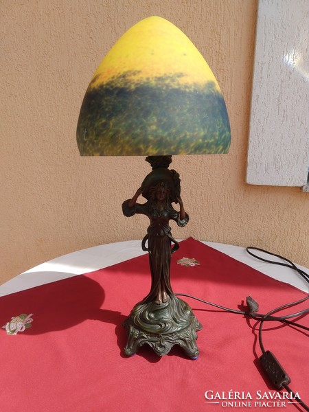 Antique table lamp in the shape of a woman, with original French art deco glass shade, marked,,art de france,,