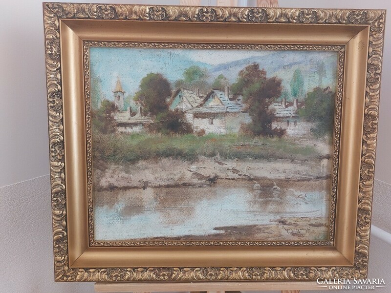 (K) Neogrády László szignóval falusi életkép festmény 62x53 cm kerettel