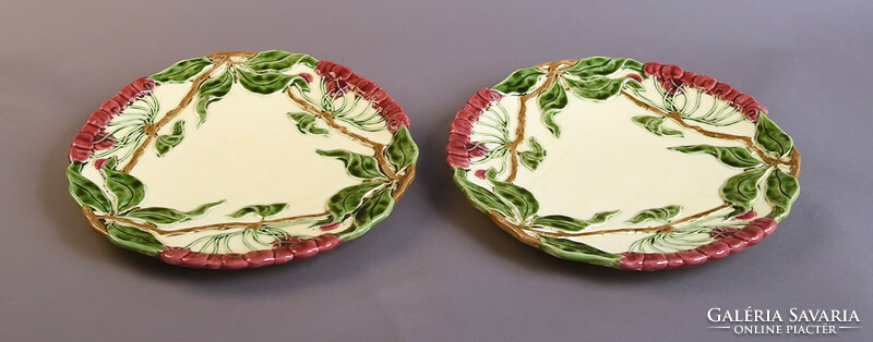 A pair of art nouveau wall plates from Körmöcbánya with a berry pattern, No. xx. Front, one has damage