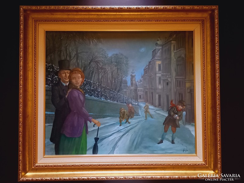 Zoltán Herpai - snowball makers (gallery oil painting)