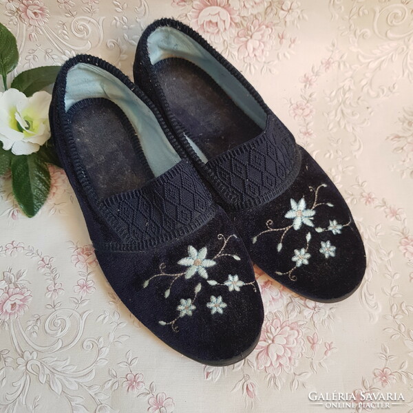 36-Os, dark blue, embroidered floral indoor shoes, indoor shoes, mamus