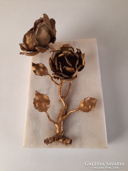 Antique paperweight, wrought iron, patinated rose, marble base, statue