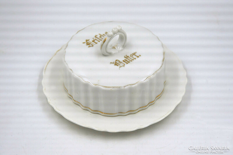 Biedermeier köralakú fehér porcelán vajtartó, Frische Butter felirattal, XIX.sz.közepe