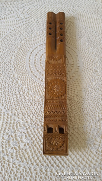 Antique carved folk hardwood two-pipe flute, fife