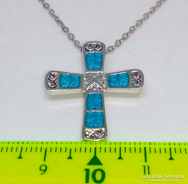 Silver plated blue synthetic fire opal and clear cz crystal cross pendant necklace 97