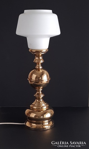 Vintage patinated iron table lamp with milk glass shade