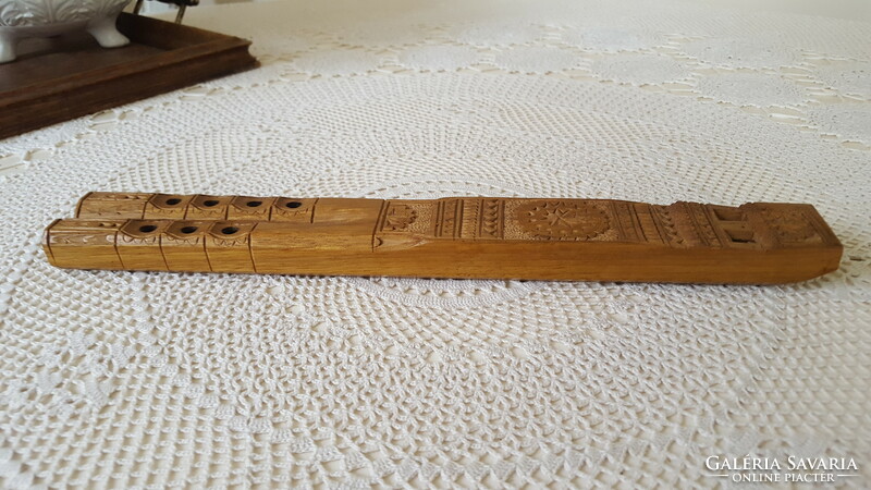 Antique carved folk hardwood two-pipe flute, fife