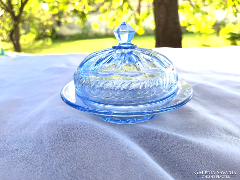 Blue glass butter container