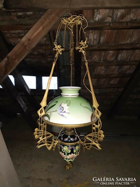 For sale antique Art Nouveau chandelier majolica ceiling kerosene lamp chandelier converted to electric