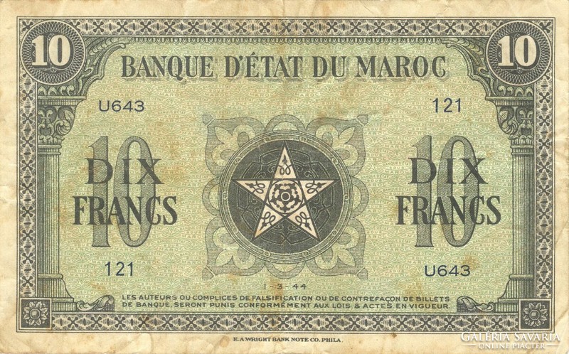 10 Francs francs 1944 Morocco rare