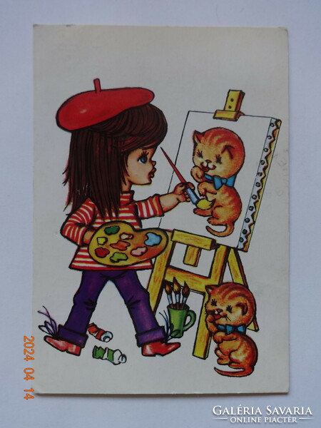 Régi grafikus gyermek képeslap, cicát festő kislány