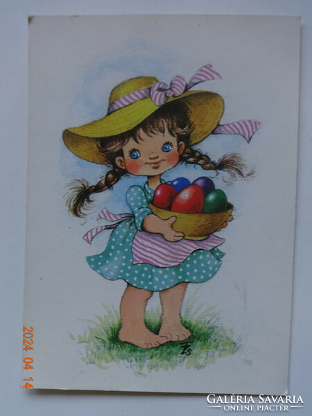 Régi grafikus húsvéti üdvözlő képeslap, Füzesi Zsuzsa rajz